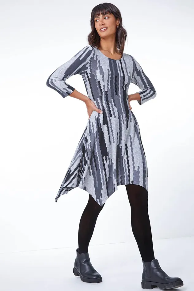 Women Grey Abstract Stripe Hanky Hem Swing Dress Roman Dresses