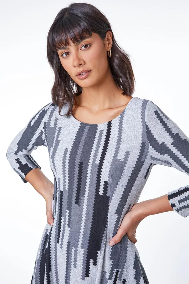 Women Grey Abstract Stripe Hanky Hem Swing Dress Roman Dresses