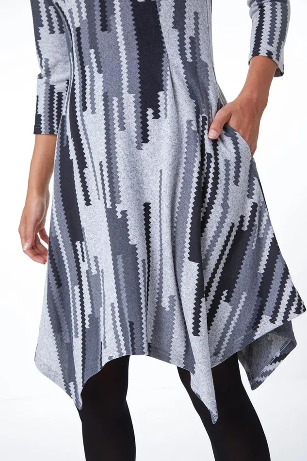 Women Grey Abstract Stripe Hanky Hem Swing Dress Roman Dresses