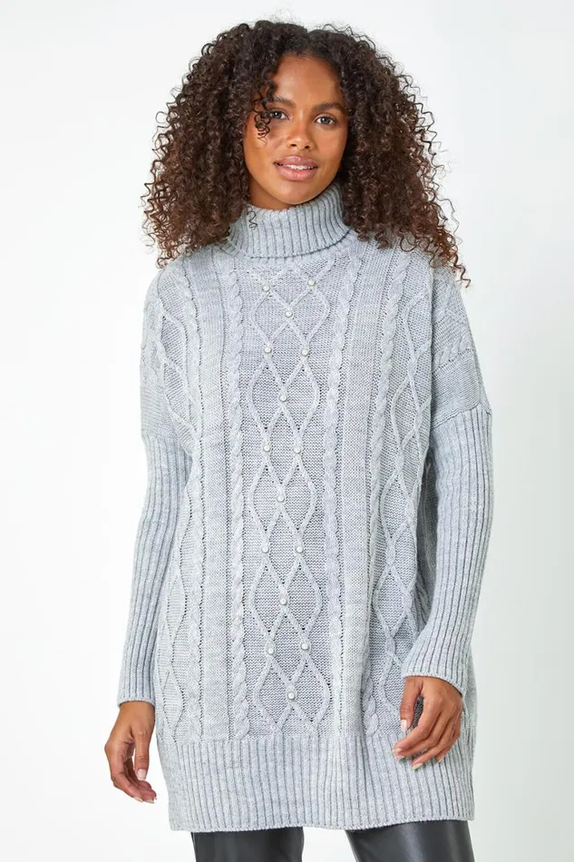 Women Grey Pearl Embellished Cable Knit Longline Jumper Roman Knitwear