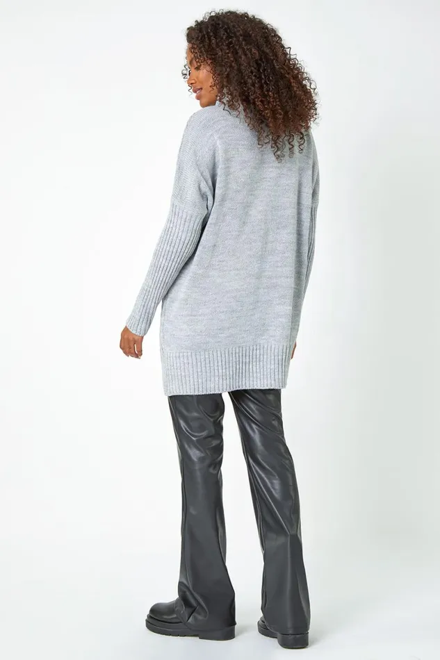 Women Grey Pearl Embellished Cable Knit Longline Jumper Roman Knitwear