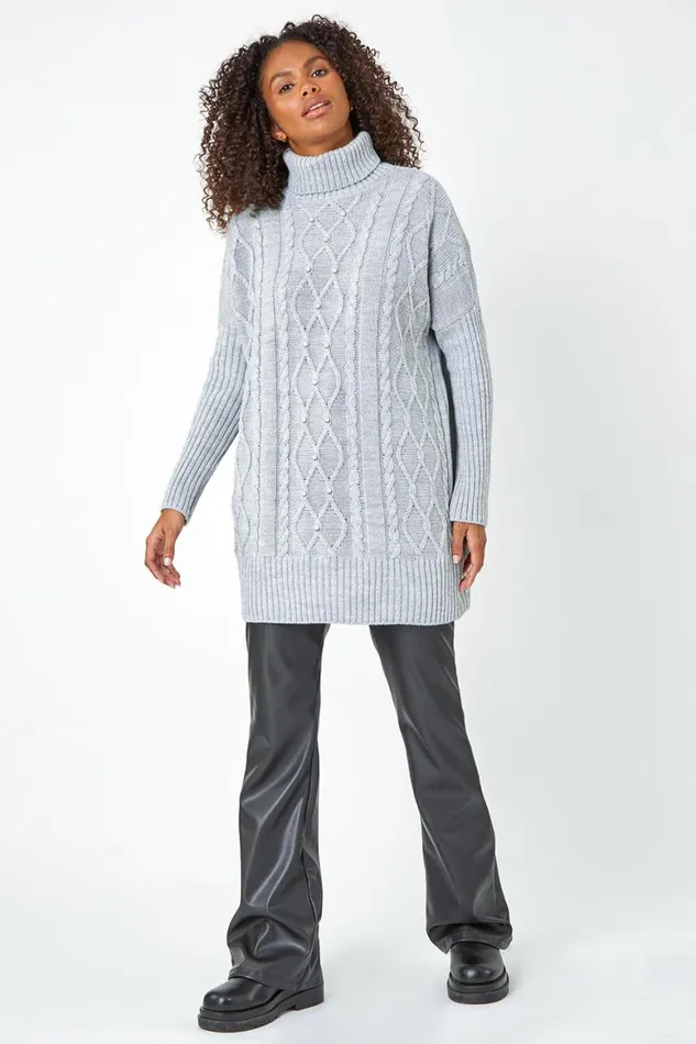 Women Grey Pearl Embellished Cable Knit Longline Jumper Roman Knitwear