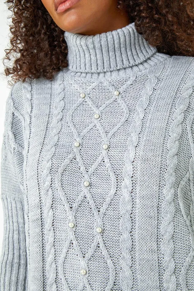 Women Grey Pearl Embellished Cable Knit Longline Jumper Roman Knitwear