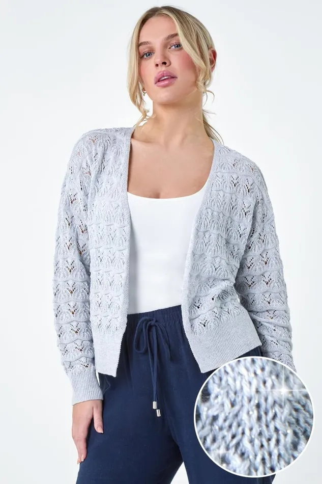 Women Grey Petite Shimmer Crochet Knit Cardigan Roman Knitwear