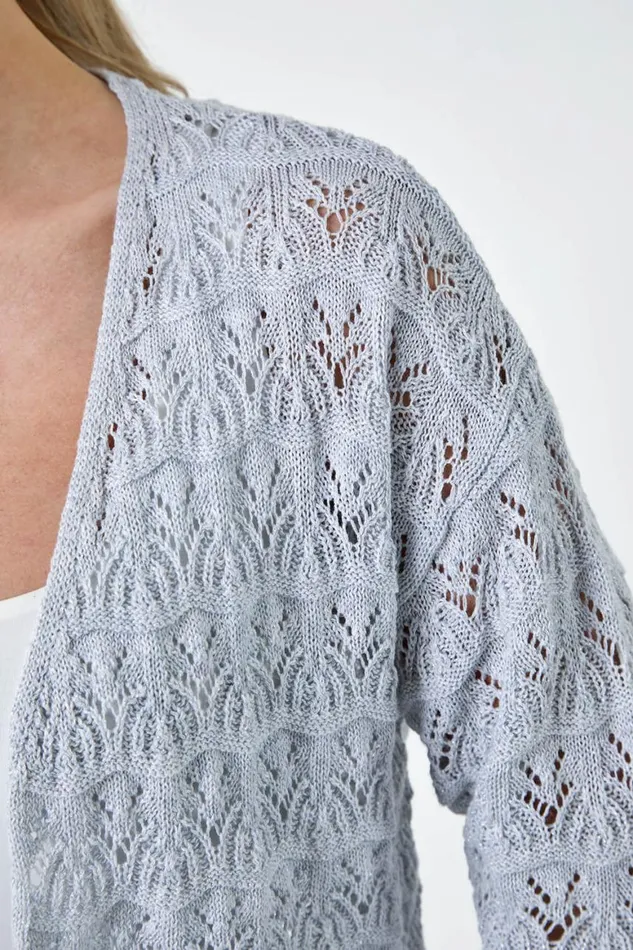 Women Grey Petite Shimmer Crochet Knit Cardigan Roman Knitwear
