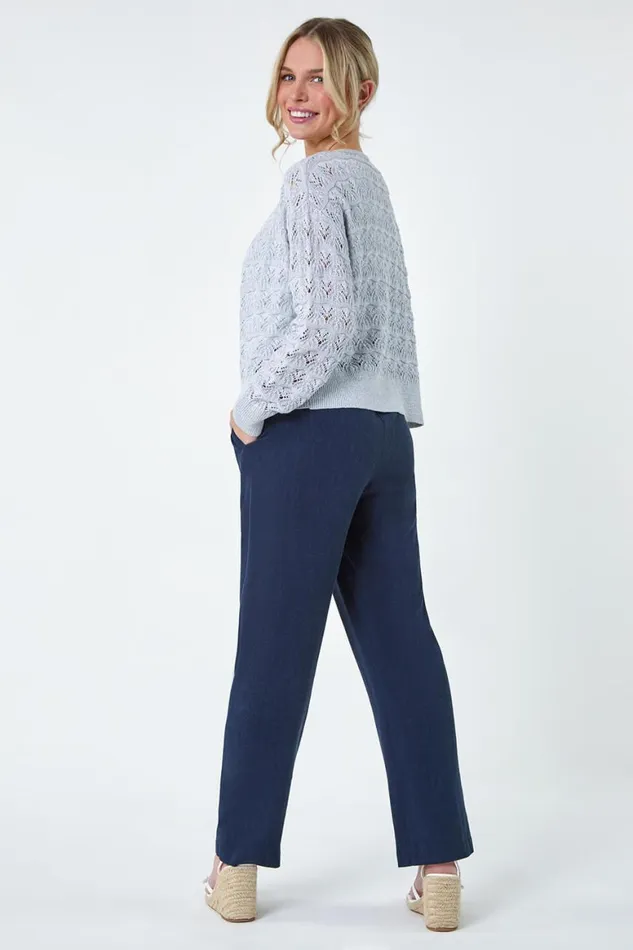 Women Grey Petite Shimmer Crochet Knit Cardigan Roman Knitwear