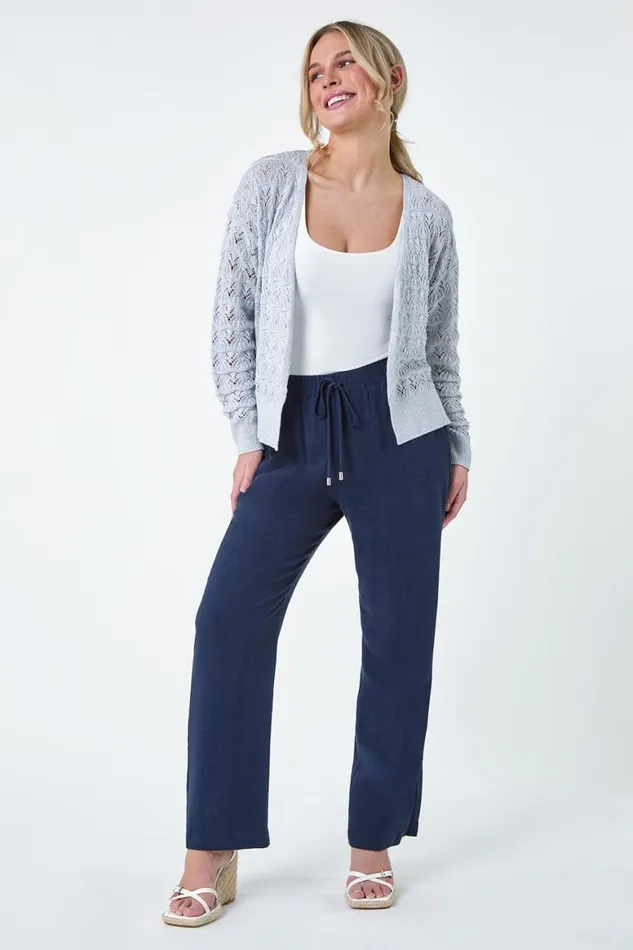 Women Grey Petite Shimmer Crochet Knit Cardigan Roman Knitwear