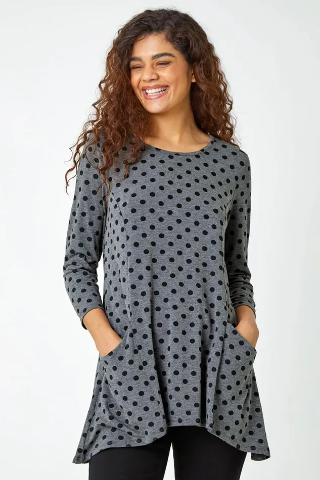 Women Grey Polka Dot Print Pocket Stretch Top Roman Tops