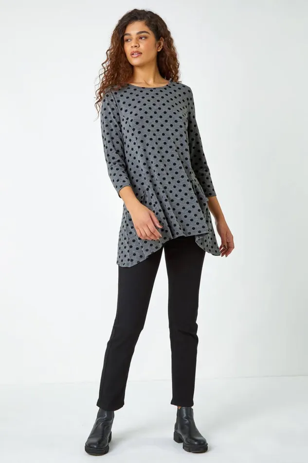 Women Grey Polka Dot Print Pocket Stretch Top Roman Tops