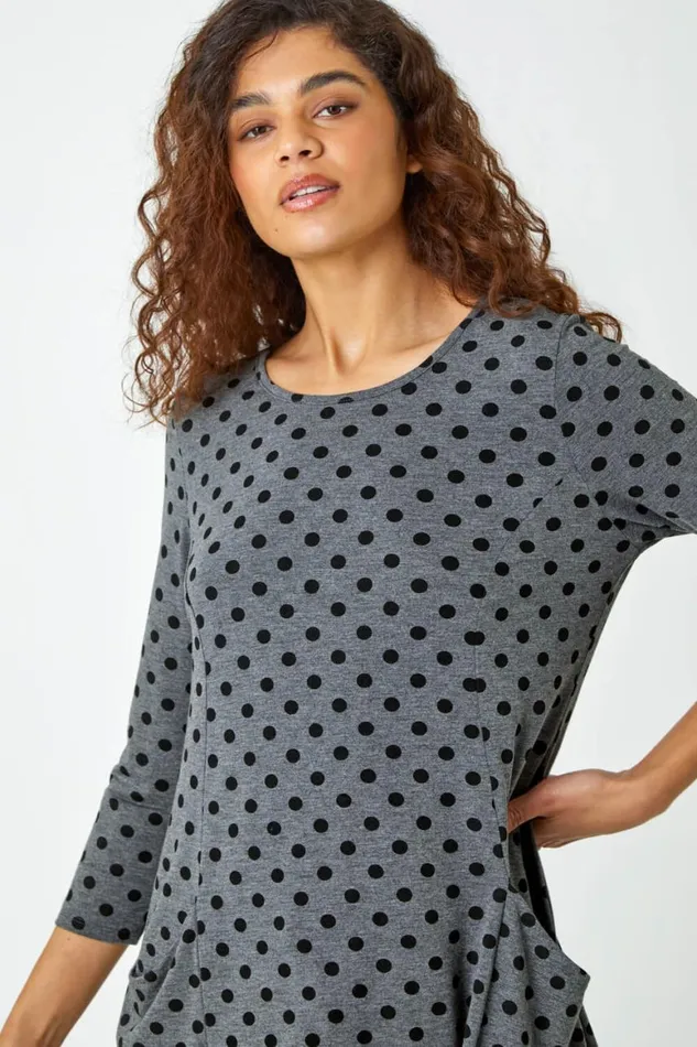Women Grey Polka Dot Print Pocket Stretch Top Roman Tops