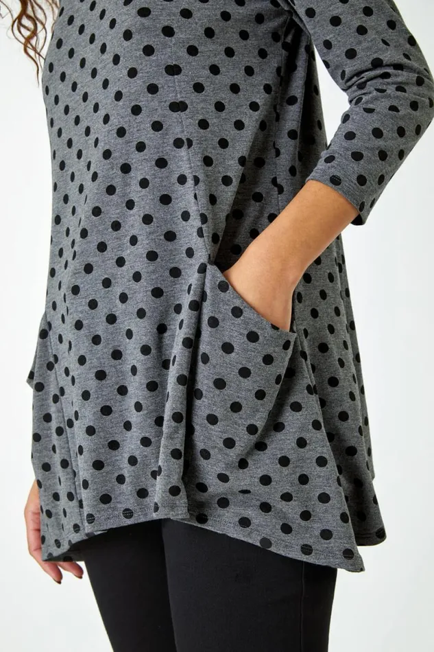 Women Grey Polka Dot Print Pocket Stretch Top Roman Tops