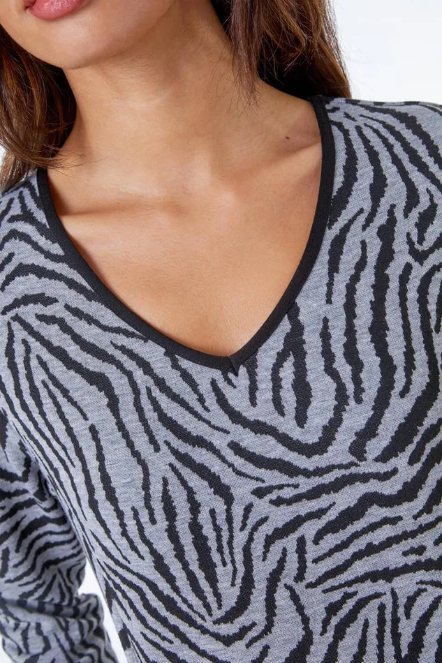 Women Grey Zebra Print Pocket Dress Roman Dresses