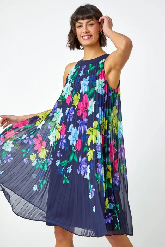 Women Halter Neck Floral Pleated Chiffon Swing Dress Roman Dresses
