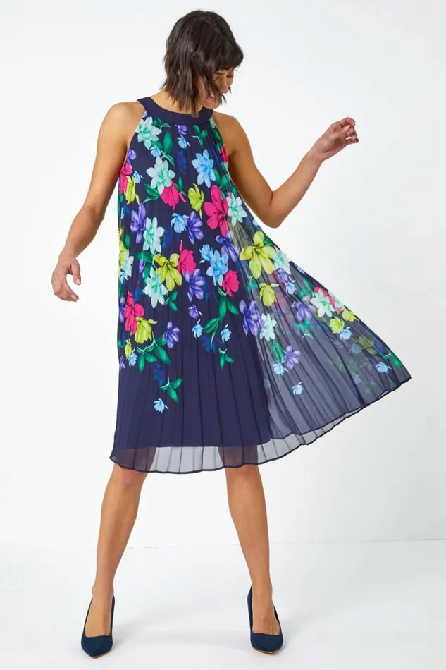 Women Halter Neck Floral Pleated Chiffon Swing Dress Roman Dresses
