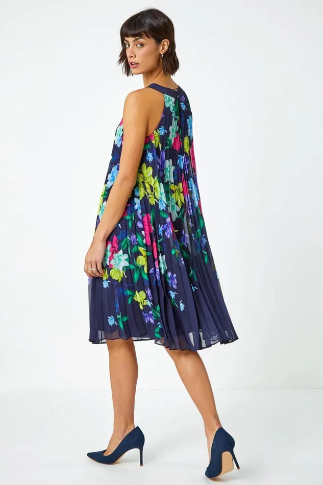 Women Halter Neck Floral Pleated Chiffon Swing Dress Roman Dresses