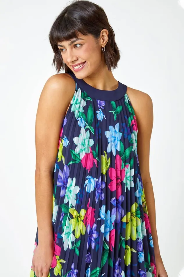 Women Halter Neck Floral Pleated Chiffon Swing Dress Roman Dresses