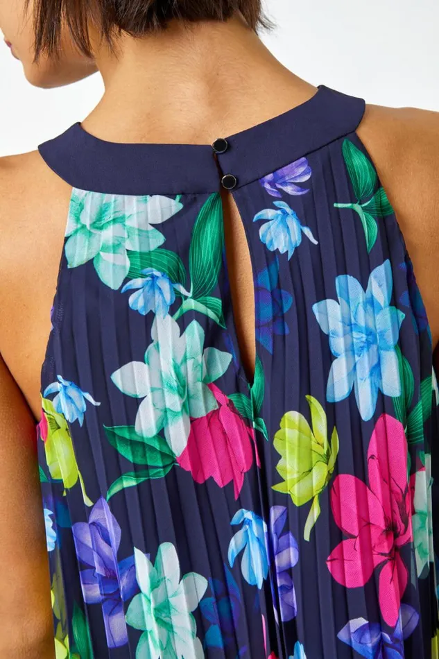 Women Halter Neck Floral Pleated Chiffon Swing Dress Roman Dresses