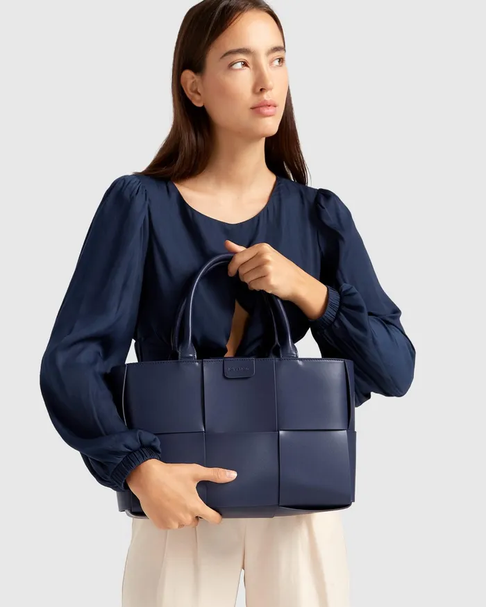 Women Handbags Belle and Bloom Long Way Home Woven Tote 8211 Navy