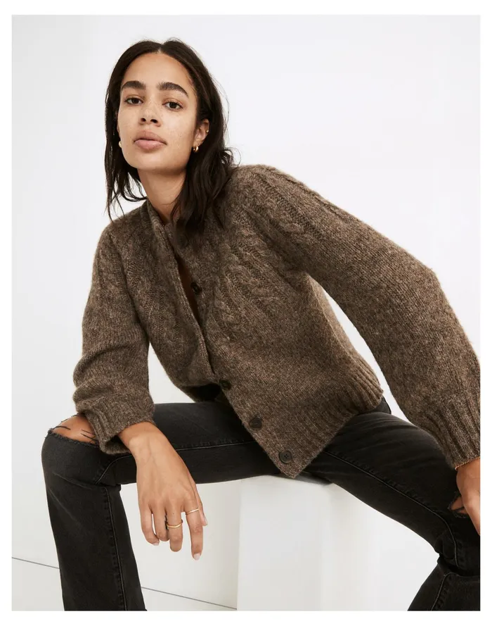 Women Harwood Cableknit Mockneck Cardigan Sweater Heather Otter Madewell Sweaters