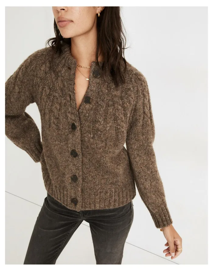 Women Harwood Cableknit Mockneck Cardigan Sweater Heather Otter Madewell Sweaters Women Harwood Cableknit Mockneck Cardigan Sweater Heather Otter Madewell Sweaters