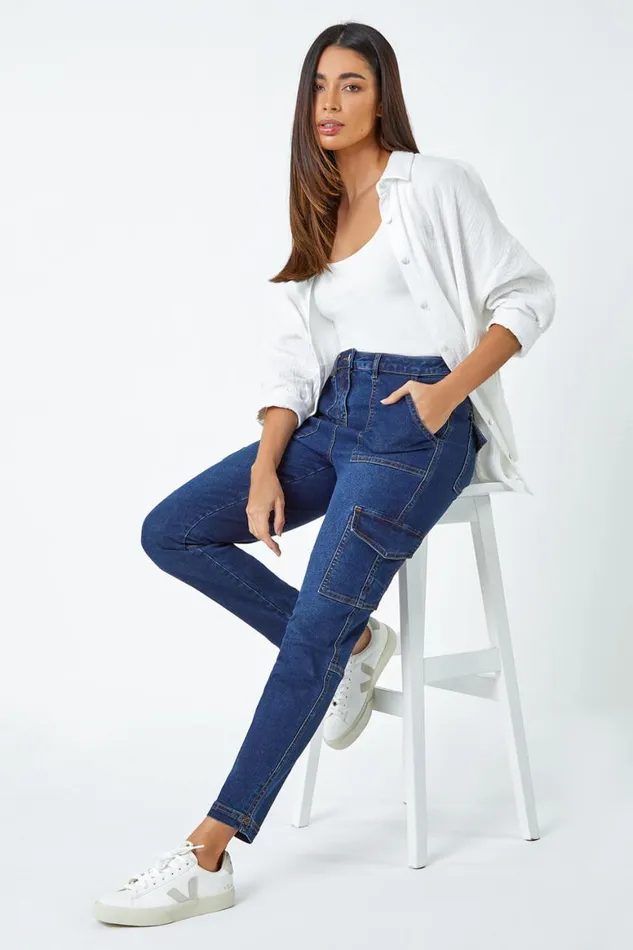 Women Indigo Cotton Blend Cargo Stretch Jegging Roman Trousers