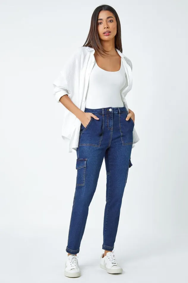 Women Indigo Cotton Blend Cargo Stretch Jegging Roman Trousers