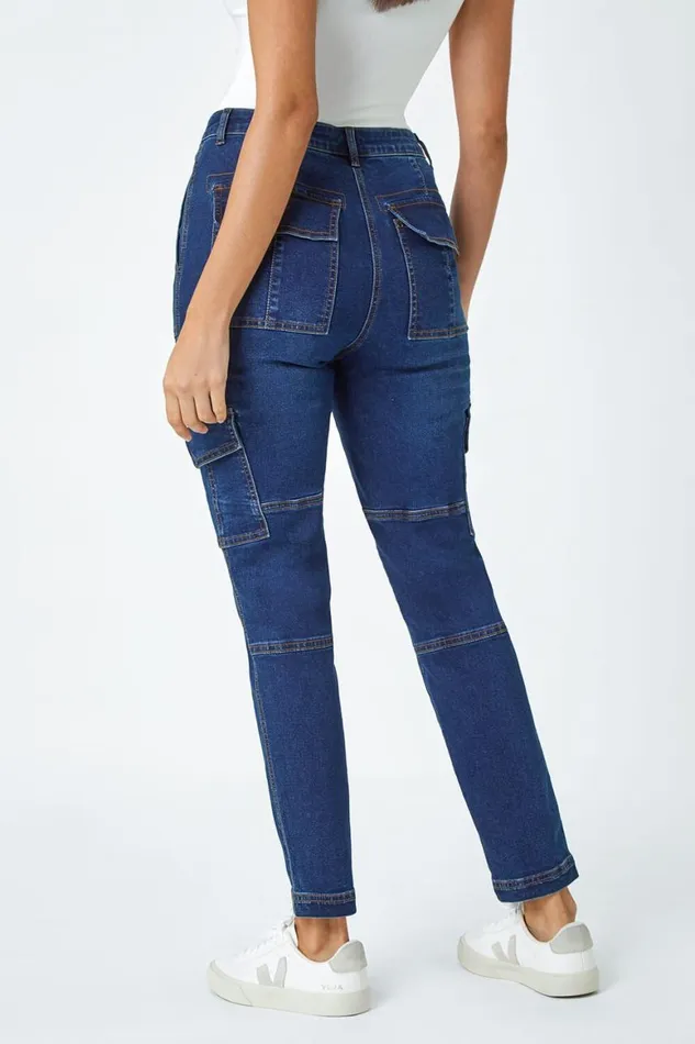 Women Indigo Cotton Blend Cargo Stretch Jegging Roman Trousers