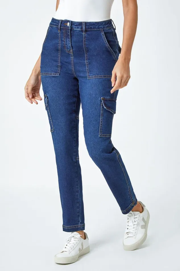 Women Indigo Cotton Blend Cargo Stretch Jegging Roman Trousers