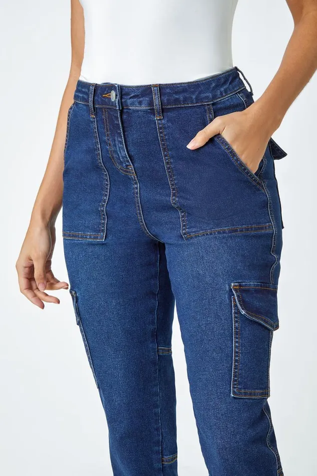 Women Indigo Cotton Blend Cargo Stretch Jegging Roman Trousers