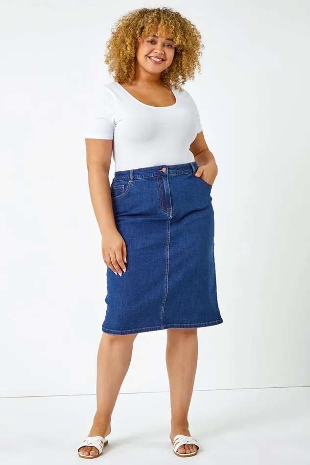 Women Indigo Curve Cotton Denim ALine Skirt Roman Skirts