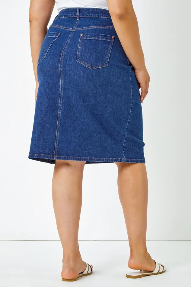 Women Indigo Curve Cotton Denim ALine Skirt Roman Skirts