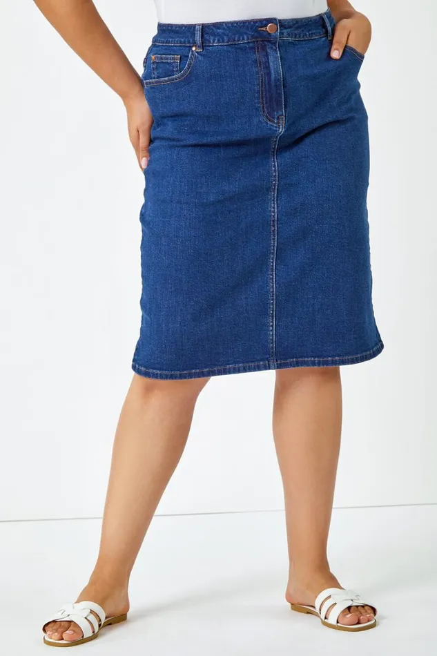 Women Indigo Curve Cotton Denim ALine Skirt Roman Skirts
