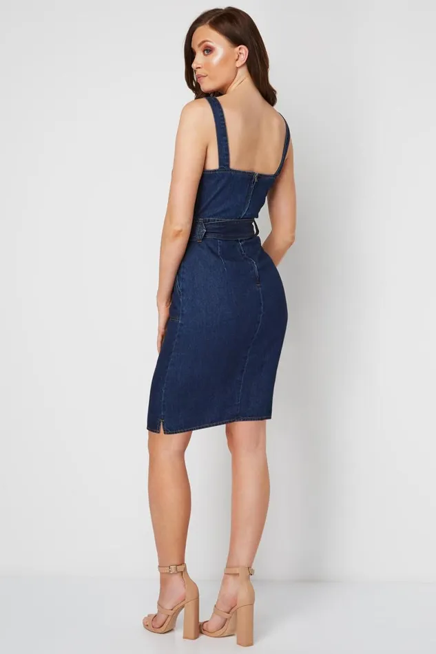 Women Indigo Denim Belted Dress With Pockets Roman Dresses