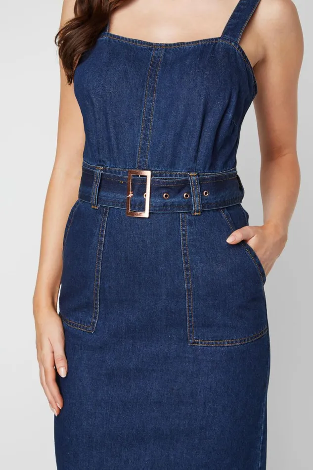 Women Indigo Denim Belted Dress With Pockets Roman Dresses