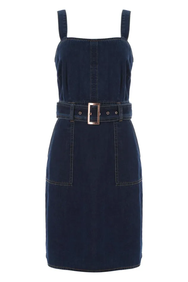 Women Indigo Denim Belted Dress With Pockets Roman Dresses