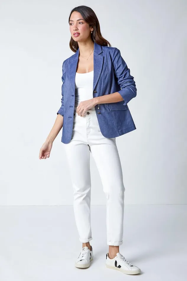 Women Indigo Denim Stretch Blazer Roman Jackets