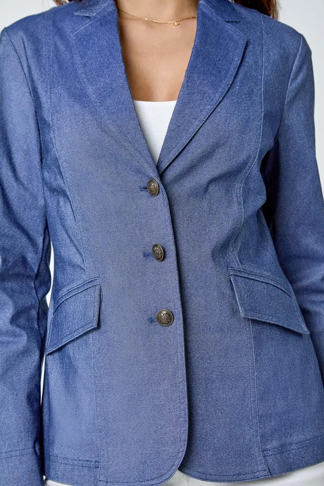 Women Indigo Denim Stretch Blazer Roman Jackets