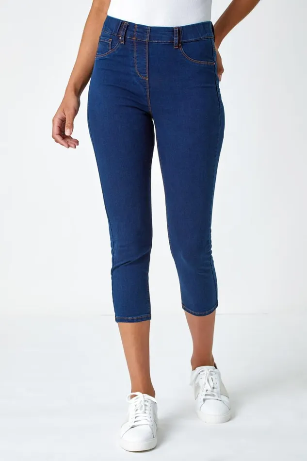 Women Indigo Elastic Waist Cropped Denim Jegging Roman Coords