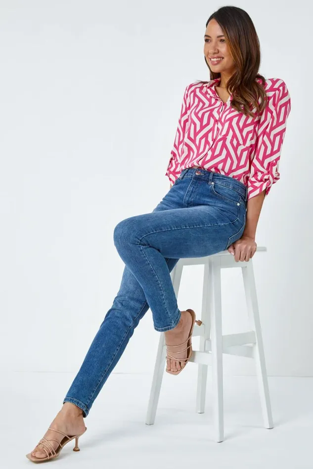 Women Indigo Slim Leg Stretch Mom Jeans Roman Trousers