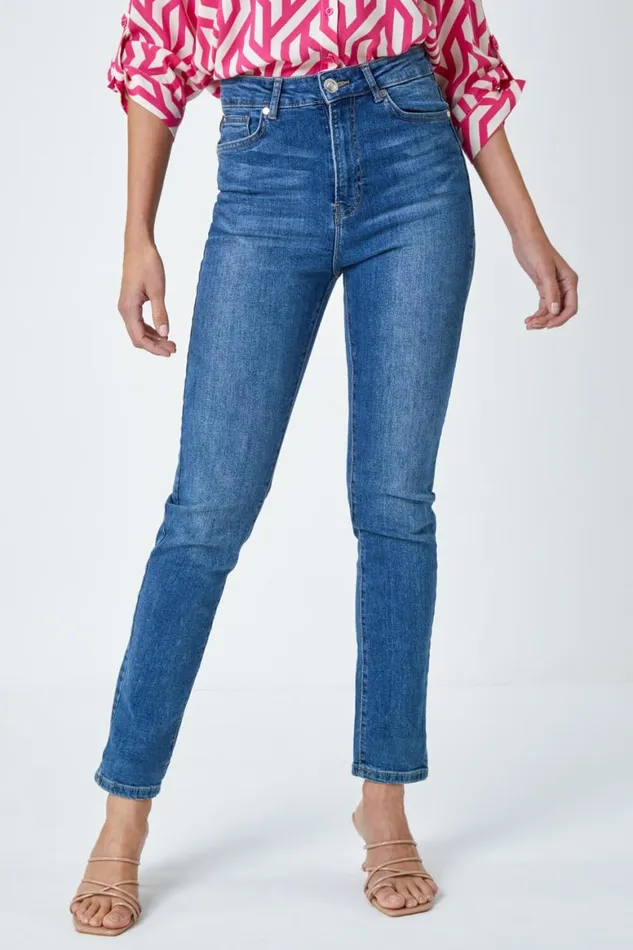 Women Indigo Slim Leg Stretch Mom Jeans Roman Trousers