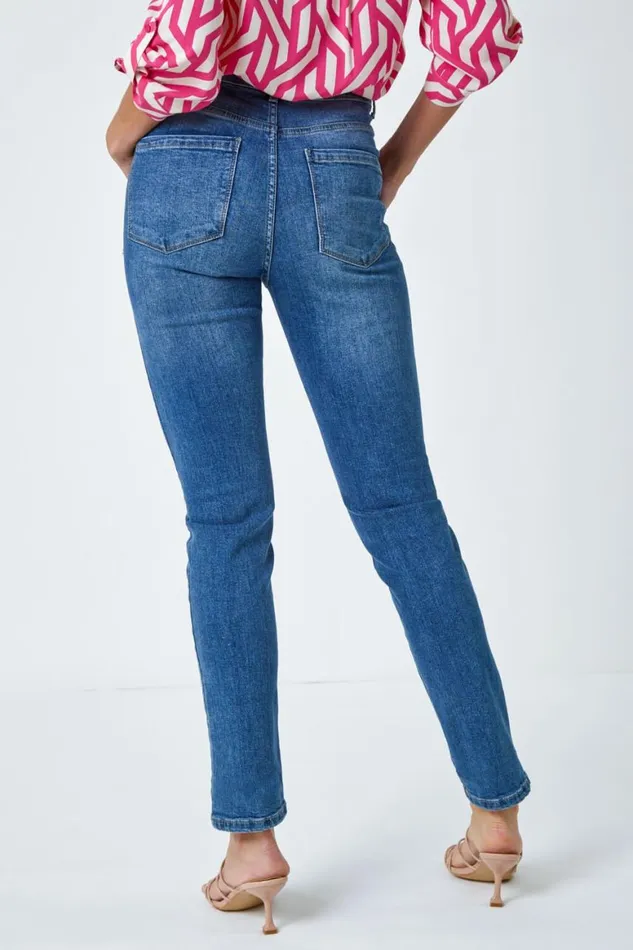 Women Indigo Slim Leg Stretch Mom Jeans Roman Trousers