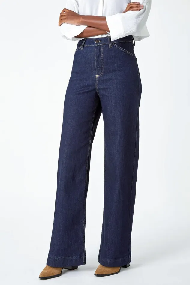 Women Indigo Wide Leg Stretch Denim Jeans Roman Trousers