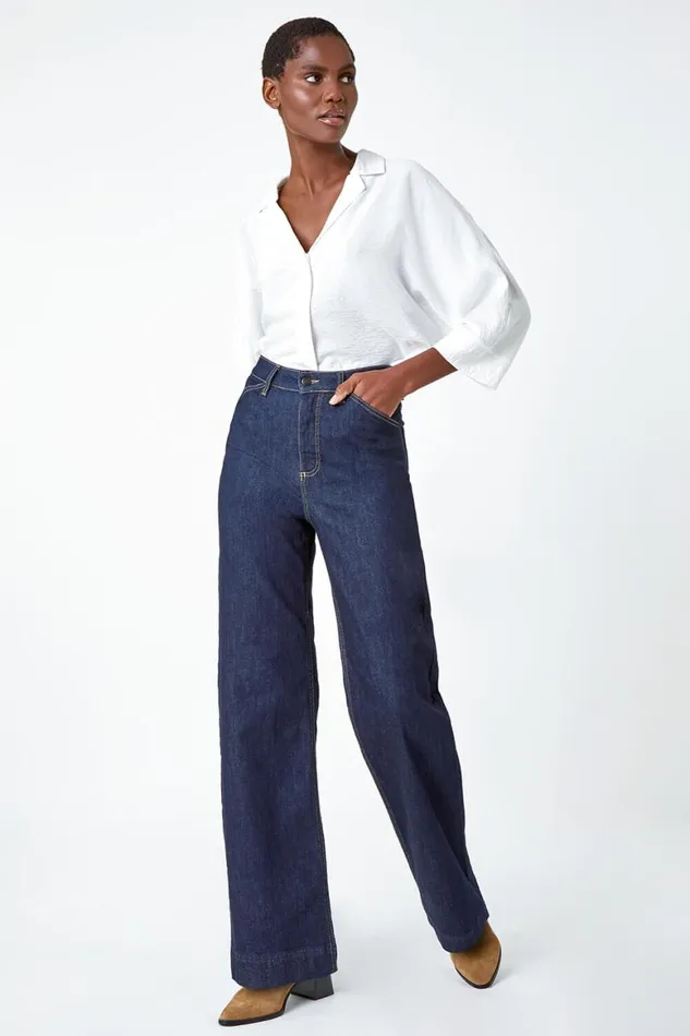 Women Indigo Wide Leg Stretch Denim Jeans Roman Trousers