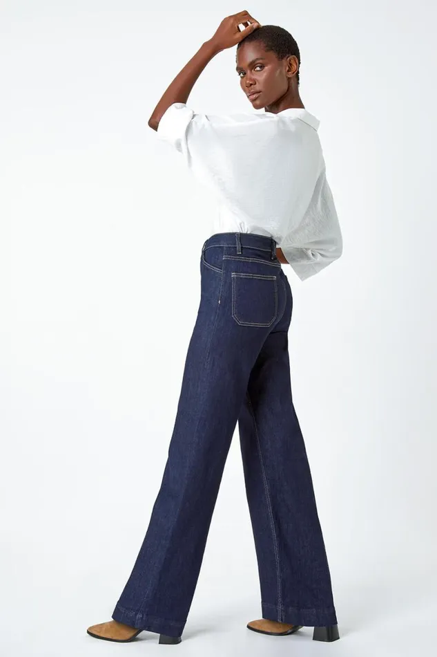 Women Indigo Wide Leg Stretch Denim Jeans Roman Trousers