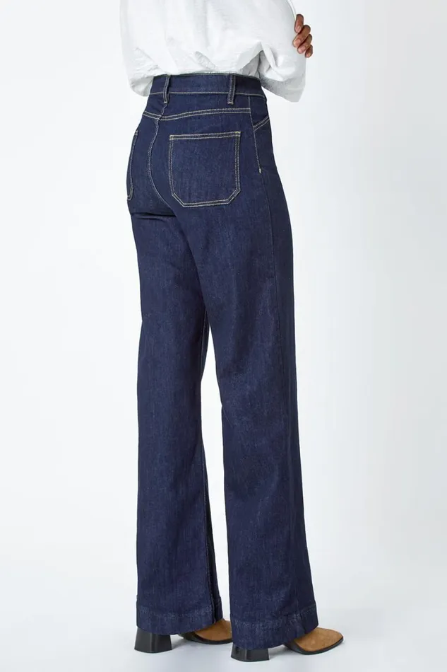 Women Indigo Wide Leg Stretch Denim Jeans Roman Trousers