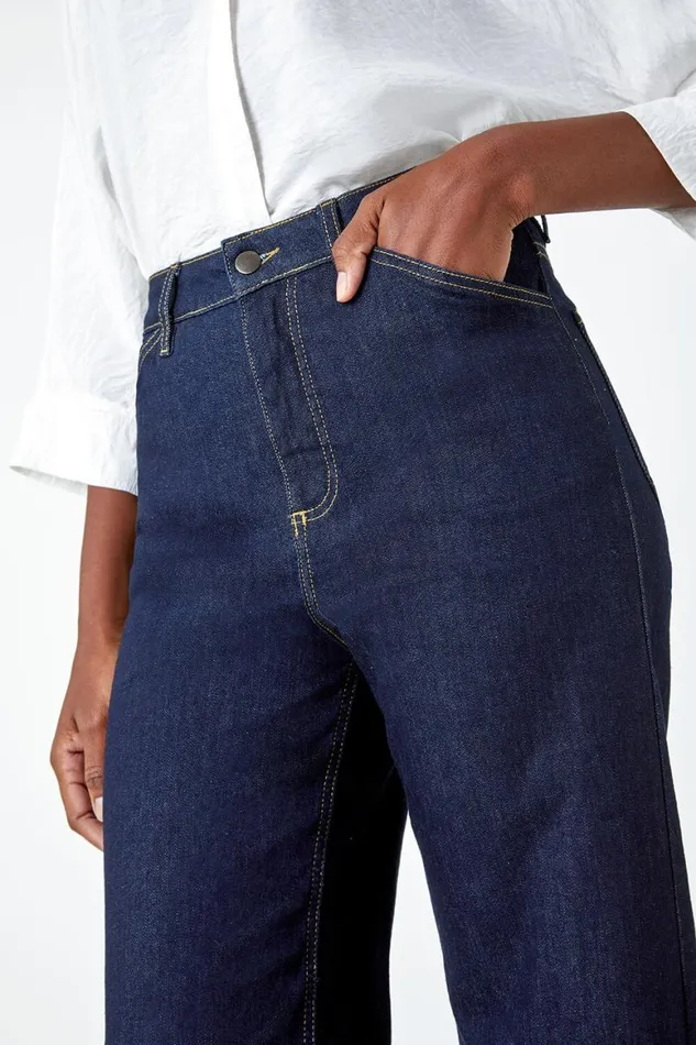 Women Indigo Wide Leg Stretch Denim Jeans Roman Trousers