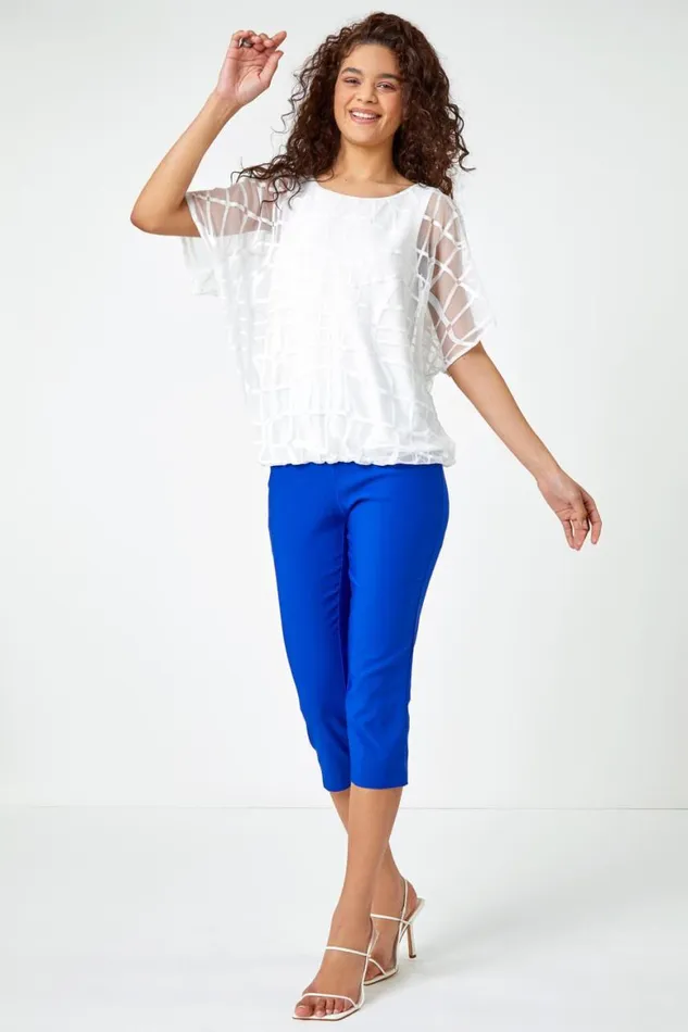 Women Ivory Abstract Check Print Blouson Top Roman Tops