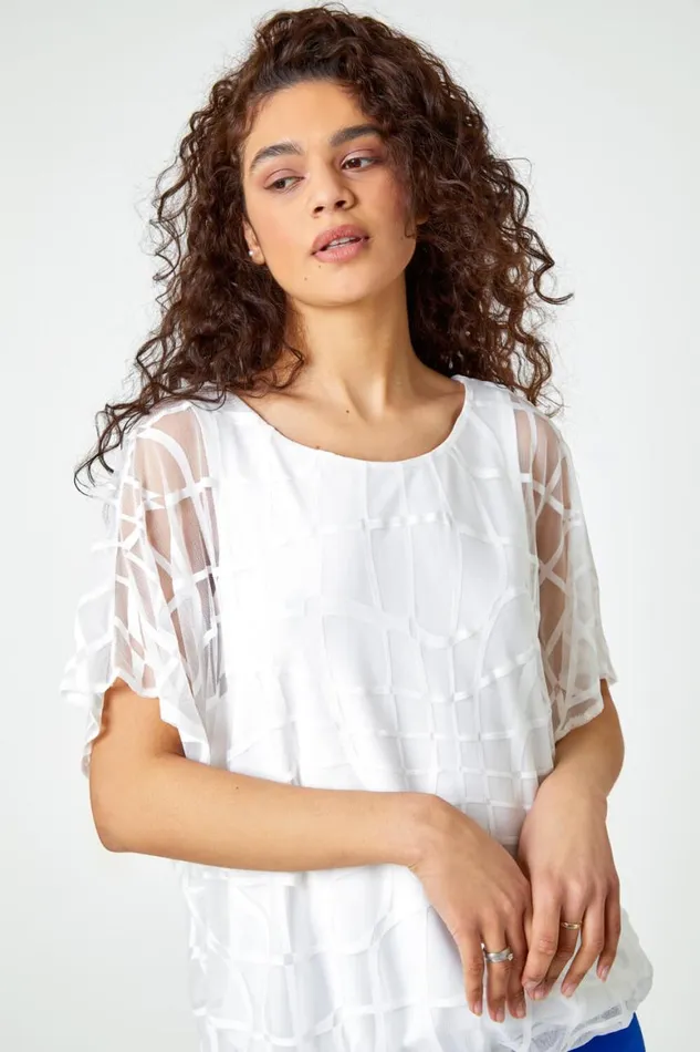 Women Ivory Abstract Check Print Blouson Top Roman Tops
