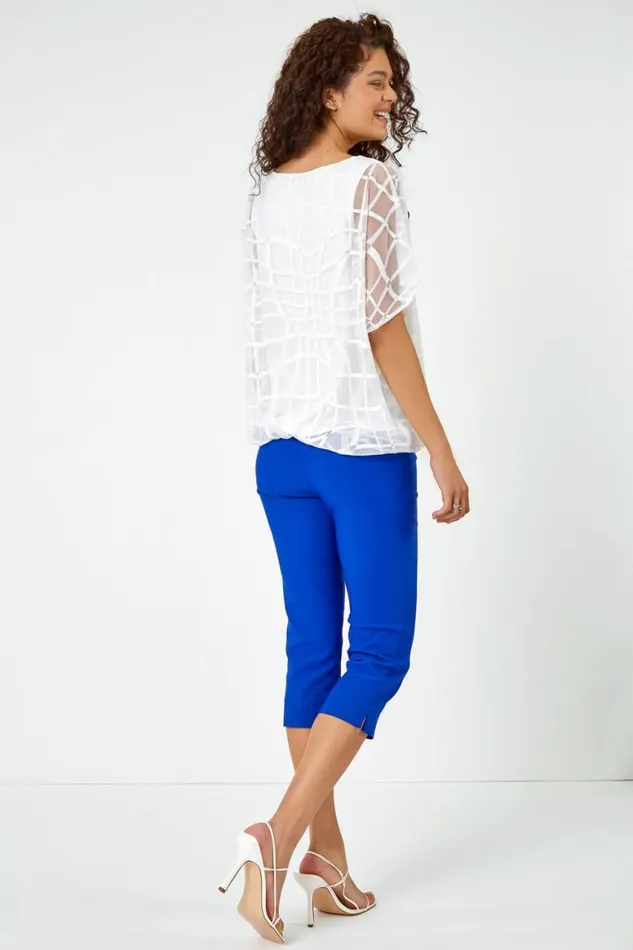 Women Ivory Abstract Check Print Blouson Top Roman Tops