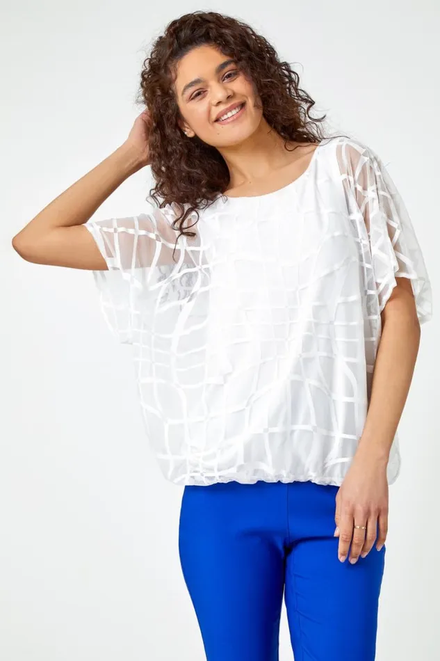 Women Ivory Abstract Check Print Blouson Top Roman Tops